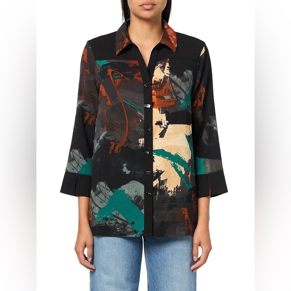 Ali Miles Womens Printed Woven Button Tunic Shirt Size M Art 3/4 Sleeve NWT
